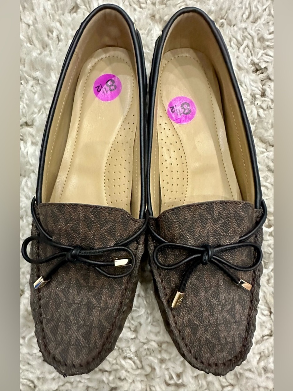 Michael Kors Sutton Brown Monogram Logo Moccasin Loafers with Black Trim 8.5